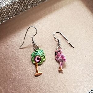 Hand Painted Flamingo and Palm Tree Earrings